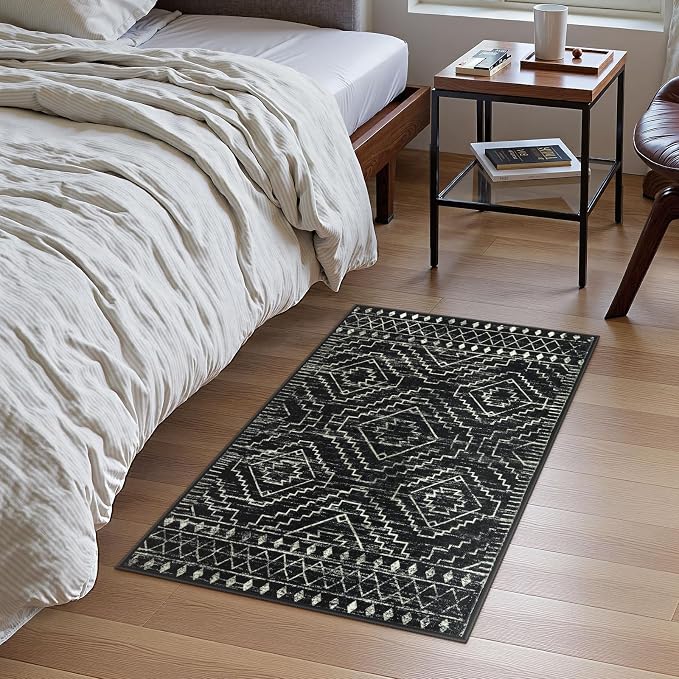 Wonnitar Moroccan Bathroom Rug,Washable 2x3 Small Bath Mat, Boho Tribal Soft Kitchen Sink Mat, Non-Slip Geometric Entry Way Rug, Low-Pile Indoor Carpet for Bedside Entrance Laundry (Black,2'x3')