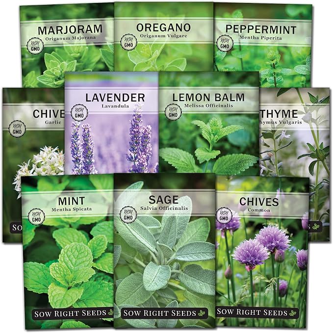 Sow Right Seeds - Perennial Herb Garden Seed Collection - Mint, Lavender, Sage, Common Chives, Lemon Balm, Garlic Chives, Thyme, Peppermint, Oregano and Marjoram - Non-GMO Heirloom Seeds for Planting
