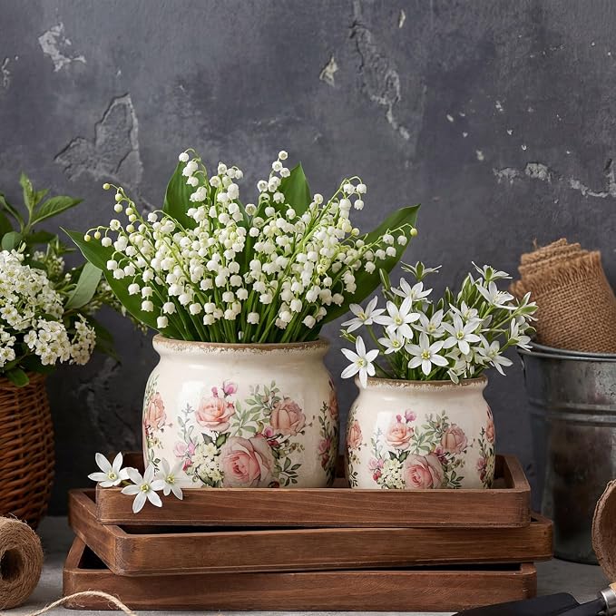 2 Pcs Vintage Planter Ceramic Plants Pot with Drainage Ice Crack Scroll Flower Vase Pot for Indoor Outdoor Plants Home Kitchen Decor Gifts(Country Rose,7.7" & 5.9")