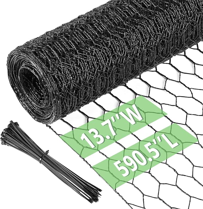 Chicken Wire 13.7 in x 590.5 in Poultry Wire Netting Hexagonal Galvanized Mesh Garden Fence Barrier for Pet Rabbit Chicken Fencing with 100 Pcs Cable Zip Ties(PVC-Coated)