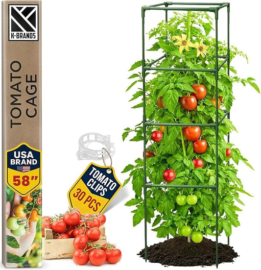 Tomato Cage Square - Large Trellis Stakes and Plant Support Structures for Vegetables and Climbing Plants - Tall Tomato Cages for Garden, Pots, Raised Garden Bed Outdoor Supplies (1 Pack - Up to 58")