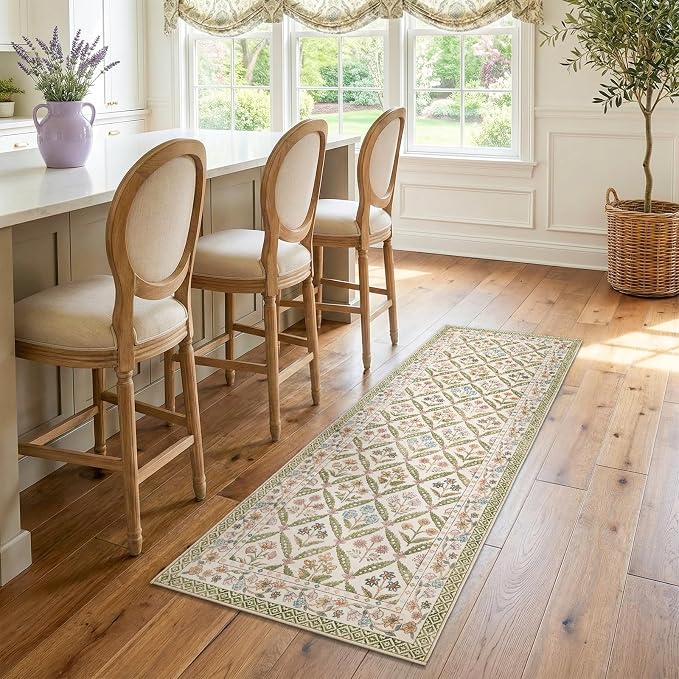 jinchan Runner Rug 2x6 Vintage Floral Washable Hallway Area Rug, Sage Green | Soft & Lightweight, Checkered Floral, Low Pile, Non Slip, Entryway, Kitchen, Bedside, Laundry Room, Cottage Decor