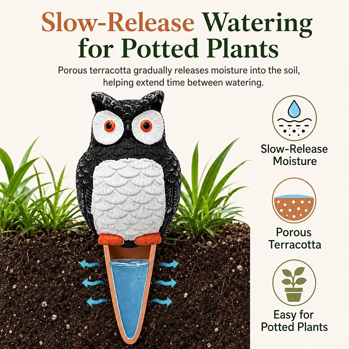 Terracotta Watering Spikes 4 Pack, Cute Self Watering Plant Spikes, Clay Plant Watering Devices, Slow Release Self Watering Planter Insert for Indoor Outdoor Potted Plants (Owl) | Porous terracotta, Top refill design, Decorative owl shape, Easy plant care