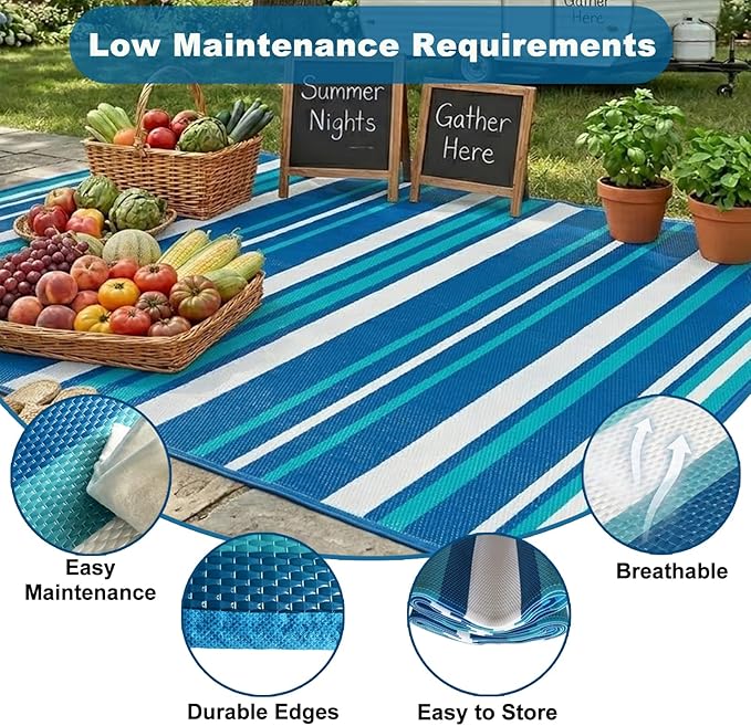 Outdoor Rug Camping Essentials - 4x6 FT Outdoor Plastic Straw Rug for Patio Clearance, Waterproof RV Essentials Outside Area Rug for Deck Garden, Backyard Patio Furniture Set, Blue White