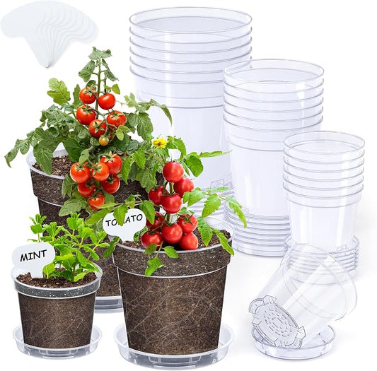 homenote 4/5/6.7 Inch Clear Nursery Pots 18 Pack with Drainage and Plant Saucers, Variety Pack Rigid High-Transparency Plastic Nursery Pots for Plants, Planter Nursery Pots with Drainage Holes