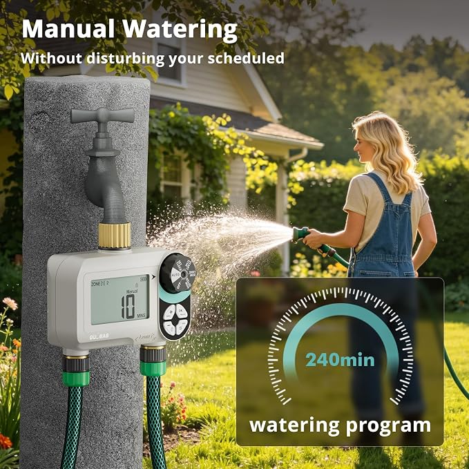 QUOBAS Zero Pressure Sprinkler Timer with Child Lock, Programmable Water Timer for Garden Hose with Brass Ports, Rain Delay/Manual/Auto Irrigation System, 2 Zone Watering for Rain Barrel, 2 Pack