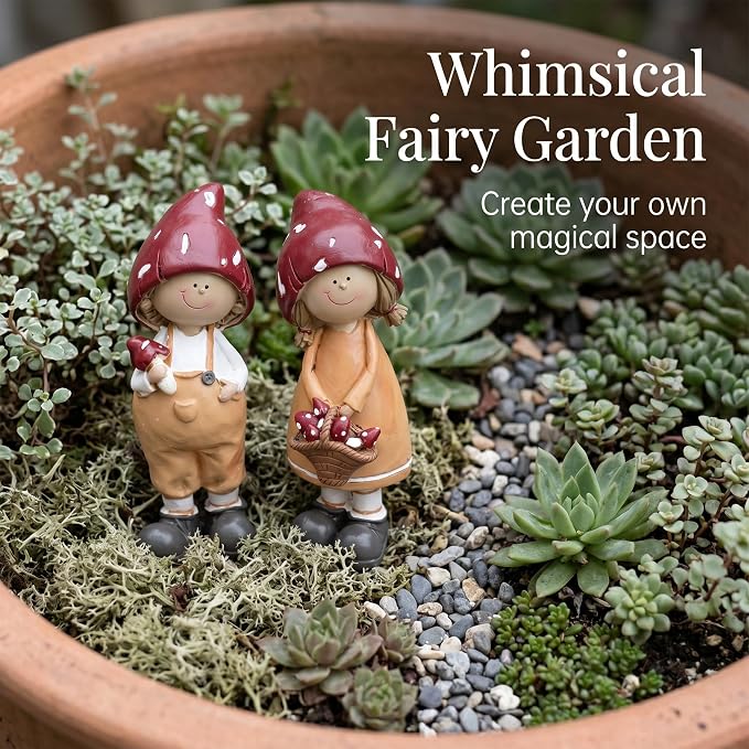 2-Piece Mushroom Decor Fairy Garden Accessories Outdoor Resin Cute Boy and Girl Figurines Whimsical Garden Statues Miniature Fairy Garden Supplies for Patio Yard Lawn Home