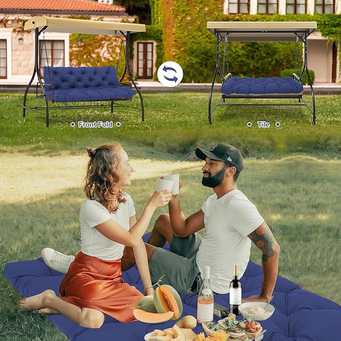 Swing Cushions 3 Seater Replacement Waterproof Outdoor Porch Swing Cushion with Backrest Extra Thick 5" Swing Cushions for Outdoor Furniture Patio Bench Garden Backyard (Navy Blue 60x40x5inch)