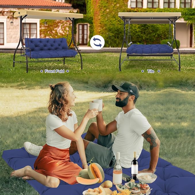 Porch Swing Cushions 3 Seater Replacement Thicken 5" Waterproof & Fade Resistant Swing Cushions for Outdoor Furniture Bench Patio Swing Cushion with Backrest & Ties(Navy Blue 70x40x5inch)
