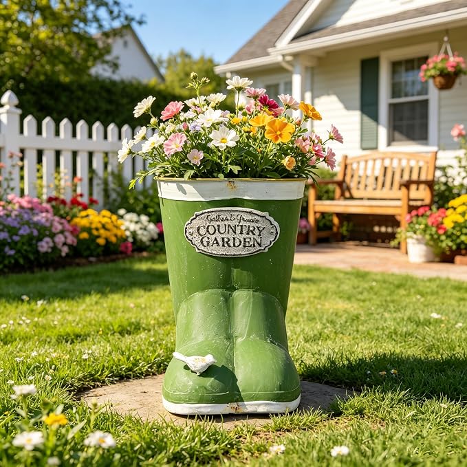 Vintage Green Rain Boot Planter, Country Garden Metal Boot Flower Pot, Rustic Farmhouse Decorative Planter for Indoor Outdoor Succulents, Herbs, Garden & Porch Decor