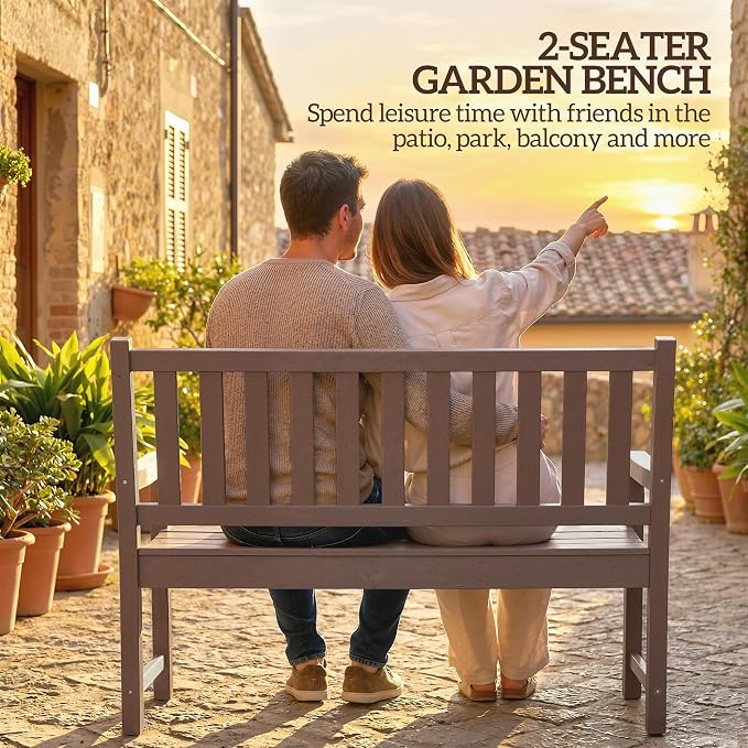Outsunny Outdoor Bench, 49" All-Weather HDPE Garden Bench, 2-Person Patio Loveseat with 528 lbs Capacity, Curved Seat for Backyard, Park, Porch, Lawn, Park, Brown