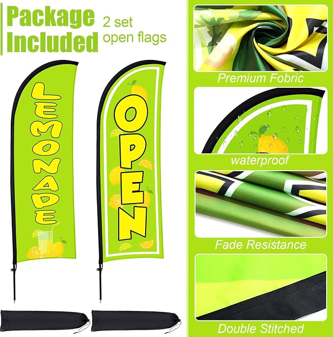 Hahafelt 2 Sets Lemonade Open Feather Flag for Business Advertising 8 ft Feather Flag Sign with Flagpole Ground Stake Portable Bag Lemonade Banner for Outside Park Garden Restaurant (Green)