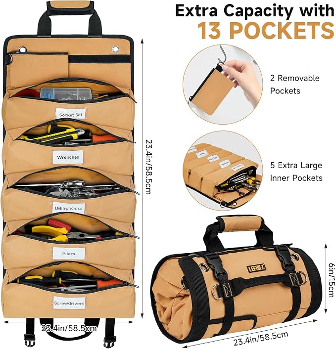 Tool Bag,Large Roll Up Tool Bag Organizer,13 Pockets Tool Roll Storage Pouch,Heavy Duty Portable Tool Storage Carrier Bag for Men,Mechanic,Electrician,Valentines Day Gifts for Men,Brown