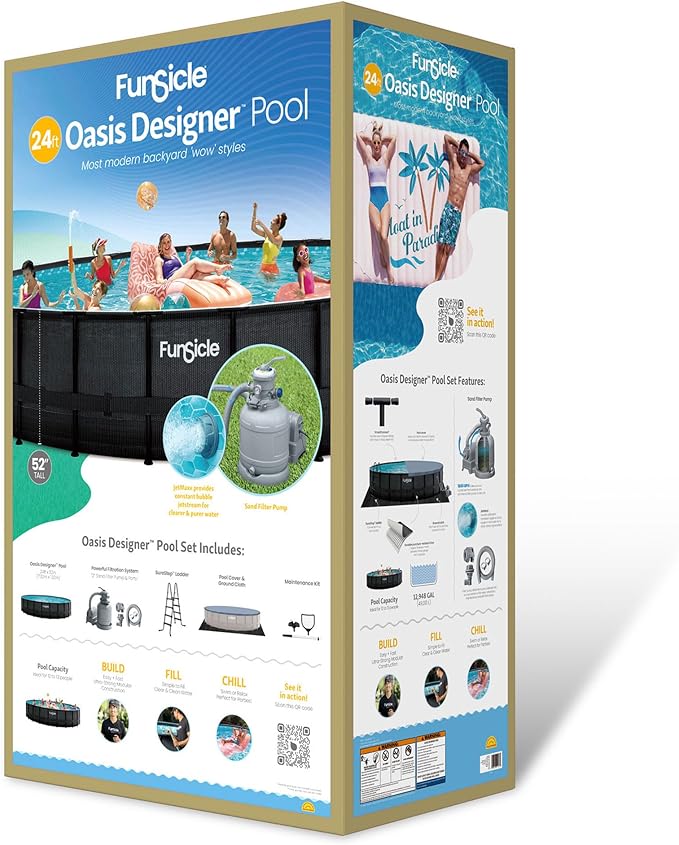 Funsicle 24' x 52" Oasis Swimming Pool Round Above Ground Outdoor Pool Set with Sand Filter Pump, Cover, and Maintenance Kit, Dark Chevron Rattan