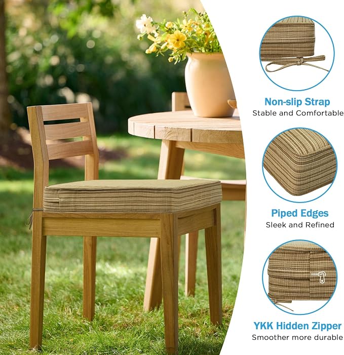 18.5 x 16 Inch Outdoor Chair Cushions with Tie Straps, Set of 4 Thick Water Repellent Rectangle Patio Chair Pads for Garden Lawn Patio Furniture, Yellow Stripe