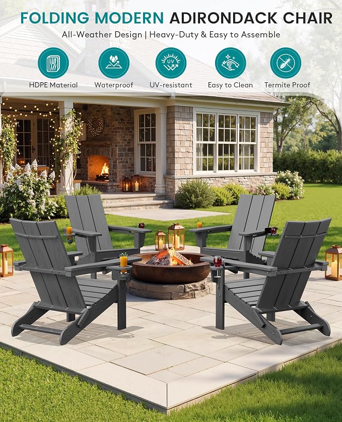 SERWALL Modern Folding Adirondack Chair Set with 9 Ft Umbrella, Folable Adirondack Chairs Set of 2 with Cup Holders, HDPE Fire Pit Chairs for Patio Lawn Garden, Gray (Umbrella Base is not Included)