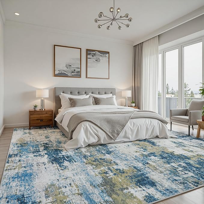10x14 Area Rugs for Living Room: Washable Soft Blue Abstract Bedroom Carpet | Non-Slip TPE & Stain Resistant,0.25" Low-Pile,Kids Pet Friendly Modern Decor for Dining Room Farmhouse Office, Non-Shedding