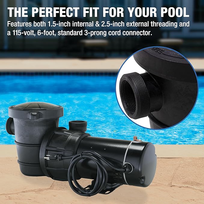 Doheny's 1 HP Above Ground Swimming Pool Pump, 115V, 75 GPM | 0.9 THP, Stainless Steel Shaft, Reinforced Thermoplastic, Low-Noise, High-Efficiency, 1.5" Internal & 2.5" External Threading