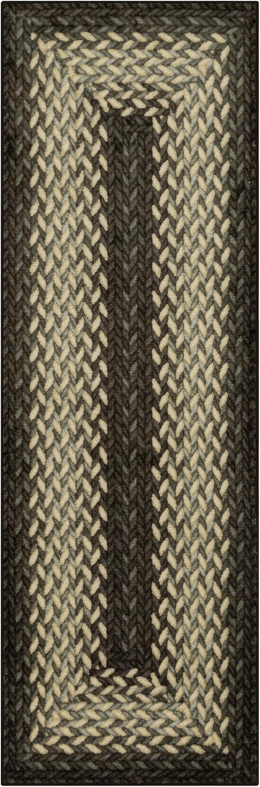 Maples Rugs Marion Bohemian Braided-Style Print Runner Rug – Made in USA – Washable, Non-Slip Indoor Runner for Hallway, Kitchen, and Laundry Room, 2' x 8', Black