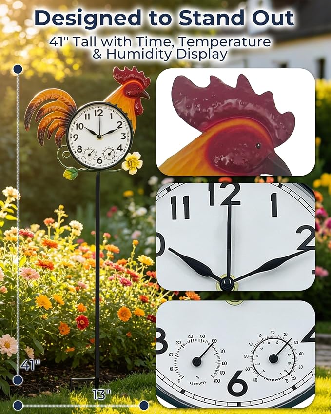 Rooster Outdoor Clock with Thermometer & Hygrometer | 41" Garden Stake or Wall Mount Design Weather-Resistant Metal Easy-to-Read Dial Farmhouse Garden Decor