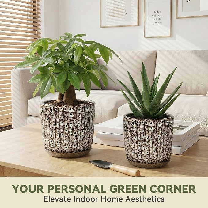10 Inch Ceramic Planter Pot with Saucer Drainage Leak-Proof Mesh,Flower Pots for Indoor Plants with Gardening Gloves,Ceramic Planter(Spotted-White)