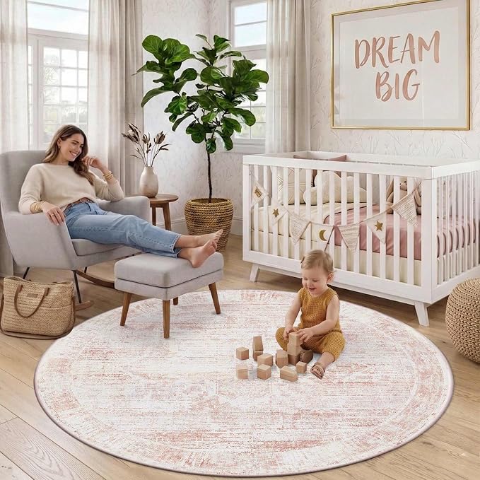Latte&Fog 6ft Pink Round Area Rug for Girl Bedroom Washable Cute Circle Rug | Non Slip Low Pile Soft Floral Indoor Carpet for Living Room Kids Playroom Nursery Classroom Dorm Decor Dining Kitchen Office