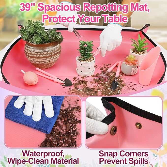 44pcs Small Gardening Tools Gifts for Women Beginners - Garden Hand Tools Set for Indoor Succulent Bonsai Plants Transplanting, Included Bag/Repotting Mat/Shovel/Labels, Pink