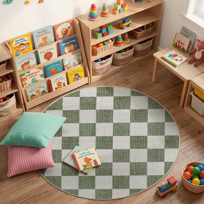 LIVEBOX Checkered Round Rug 6 Ft Washable Area Rug for Playroom Classroom, Kids Non-Slip Neutral Classic Circle Rug Geometric Large Carpet Soft Boys Nursery Rug for Dorm Bedroom(Sage Green,180R)