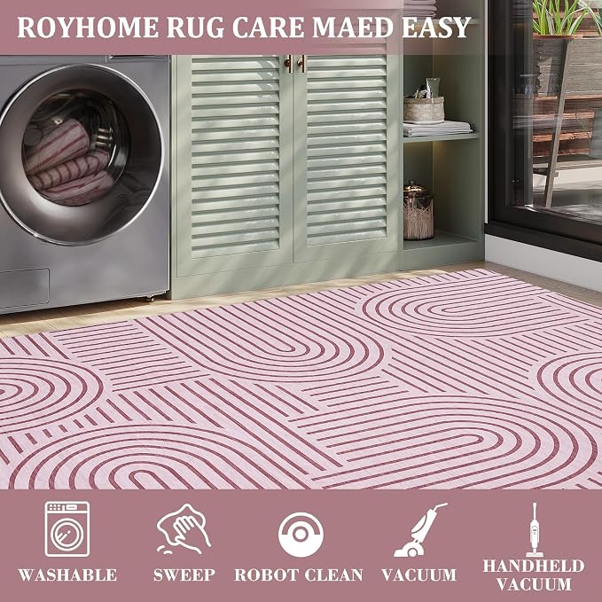 ROYHOME Modern 2x6 Hallway Runner Rug Non Slip Washable Kitchen Rug, Pink | Abstract Bath Mat, Rainbow Geometric Runners Rugs for Bedroom, Soft Long Rugs for Entryway Arch Pattern Bathroom Laundry Dorm