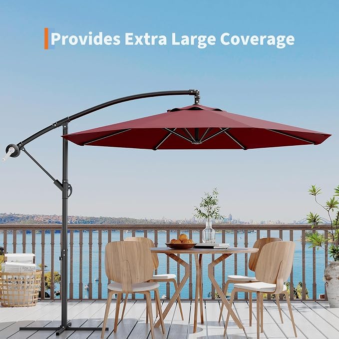 Garvee 10FT Offset Patio Umbrella with Cross Base, Cantilever Umbrella with Easy Lift & Tilt Adjustment, 8 Ribs Sun umbrella UV Protection for Backyard, Pool, Garden, Burgundy