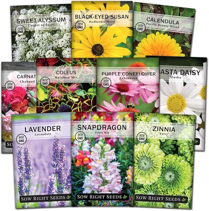 Sow Right Seeds - Large Flower Seed Collection - Coleus, Carnation, Daisy, Calendula, Alyssum, Echinacea, Lavender, Snapdragon & Zinnia - Non GMO Heirloom Seeds for Planting - 10 Packets