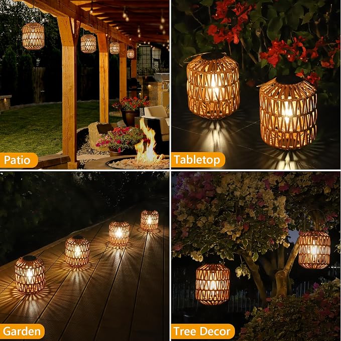 Eyassi Rattan Solar Lights, 4 Pack Solar Lanterns Outdoor Waterproof, Outdoor Lights for Yard, Hanging Lantern with Handle, Decorative Lanterns for Garden, Tabletop, Tree Lighting (Bulbs Included)