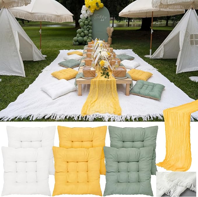 Extra Large Outdoor Picnic Blanket with Table Runner and Floor Pillow Cushion for Picnic Wedding Birthday Baby Shower Backyard Decor(91 x 71'',Light Beige,Yellow,Green,8 Pcs)