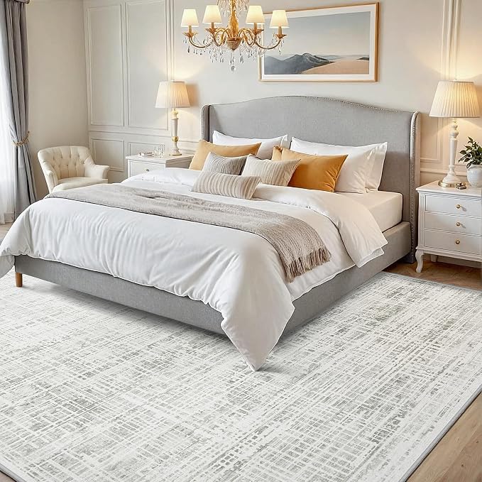 4x6 Washable Area Rug for Living Room Bedroom: Non-Slip Modern White Gray | Machine Washable TPR Backing, Stain-Resistant Low Pile, Pet & Kid Friendly, Abstract Decor for Dining Room, Dorm, Home Office
