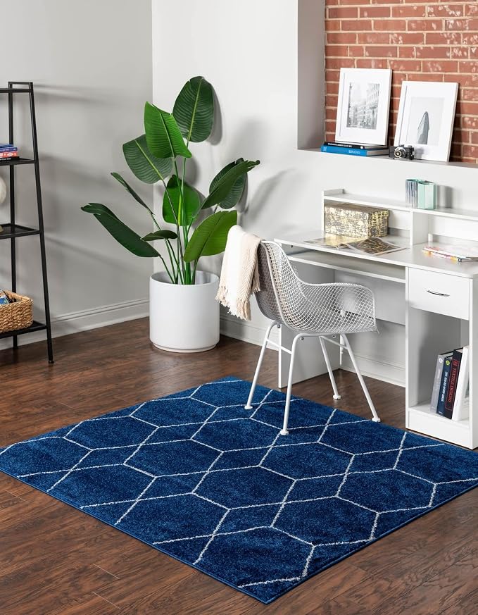Unique Loom Trellis Frieze Collection Area Rug - Geometric (4' Square, Navy Blue/ Ivory)