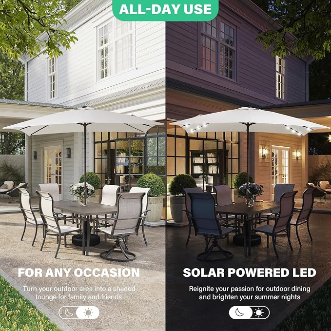 JEAREY 8x10 ft Rectangular LED Lighted Patio Umbrellas Outdoor Solar Table Market Umbrella w/Crank, 8 Sturdy Ribs, UV Protection Waterproof Sunproof(Creamy-white)