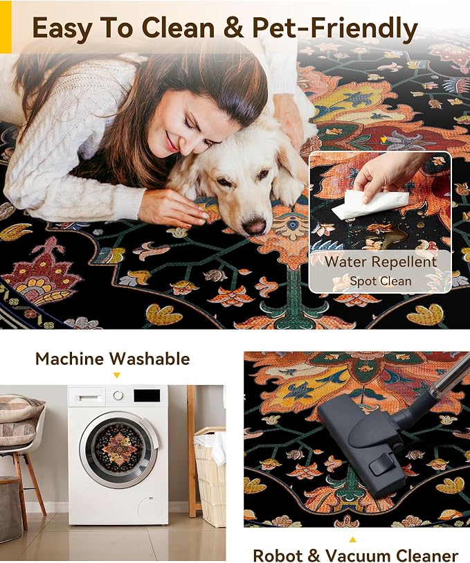 RELEANY Washable Area Rug, Round 7ft, Black/Colorful | Non-Slip, Water Repellent, Pet Friendly, Easy to Clean, Vintage Floral Boho Decor for Living Room Bedroom Dining Room