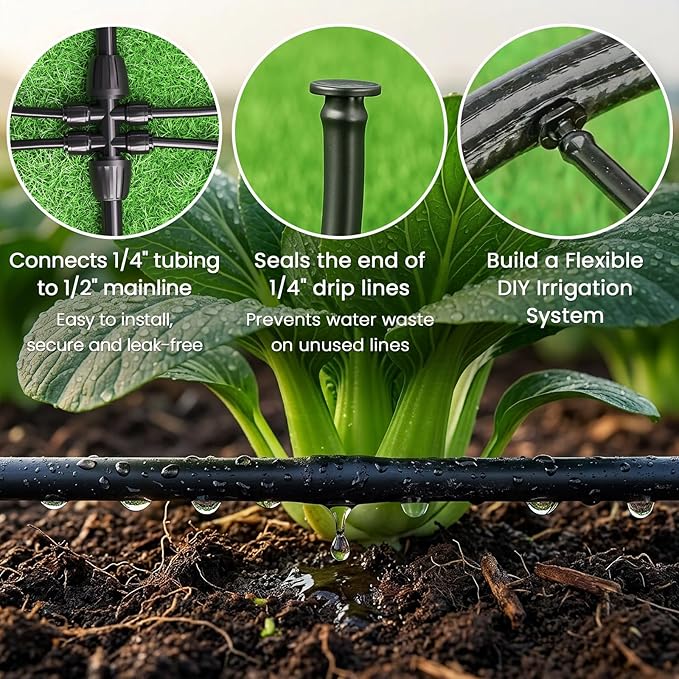 MIXC 1/4" Irrigation Dripline Tubing (200 Ft Roll), Saving 80% Water, 6" Emitter Spacing, 0.5 GPH Emitters Built-In Drip Irrigation Line with 1/4" Fittings Included, Black
