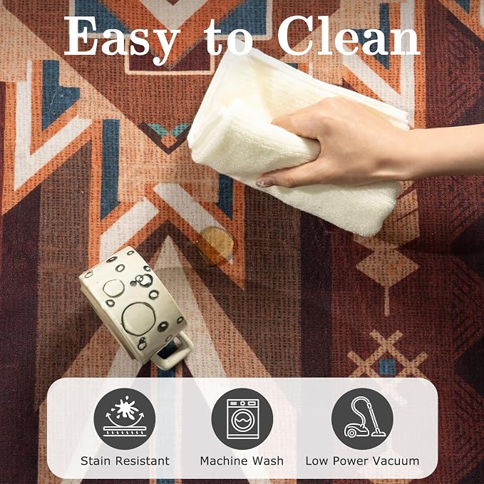 9x12 Western Rustic Aztec Area Rug for Living Room Bedroom Dining Room | 9x12 Southwestern Tribal Red Brown Low Pile Faux Wool Rug, Machine Washable Non-Slip Carpet for Living Room Dining Bedroom