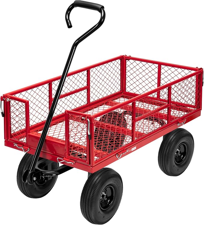 VIVOHOME Heavy Duty 880 Lbs 4.5 Cu Ft Mesh Steel Garden Cart Utility Wagon | Removable Sides and 4.10/3.50-4" Wheels 10 inch Tire(Red)
