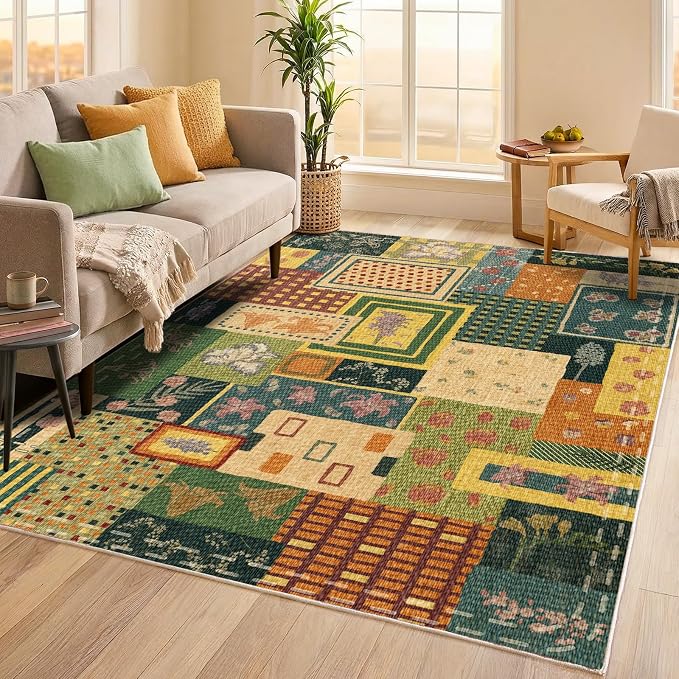 Washable Rugs for Living Room, 4x6 Abstract Multicolor Floral Soft Rug | Upgraded Non Slip Durable Throw Carpet| Indoor Rugs for Bedroom Dining Room Office Home Decor| Southwestern Cottagecore Rug