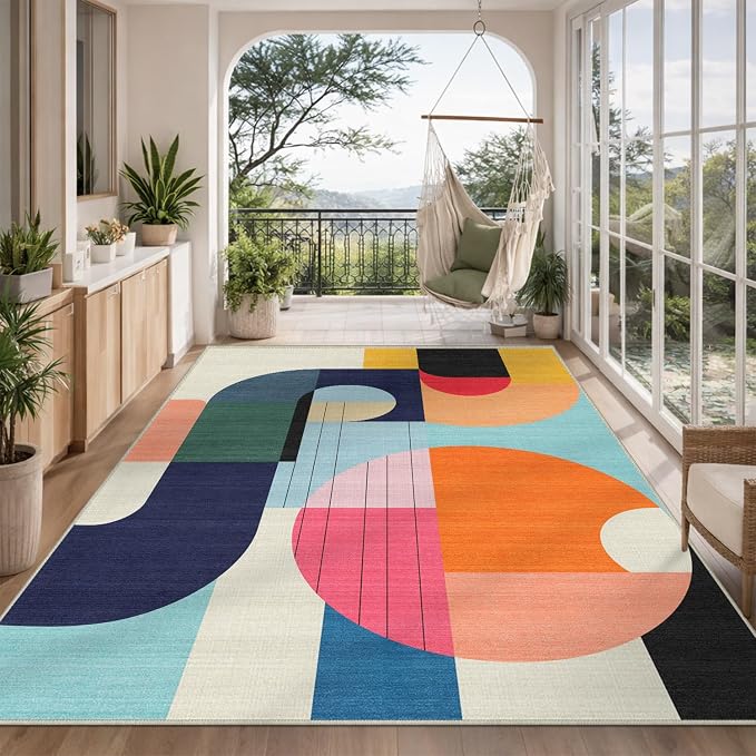 6x9 Area Rug Colorful Boho Geometric Carpet Modern Abstract Large Rug for Living Room Bedroom Machine Washable Non-Slip Rug for Dining Room Home Office