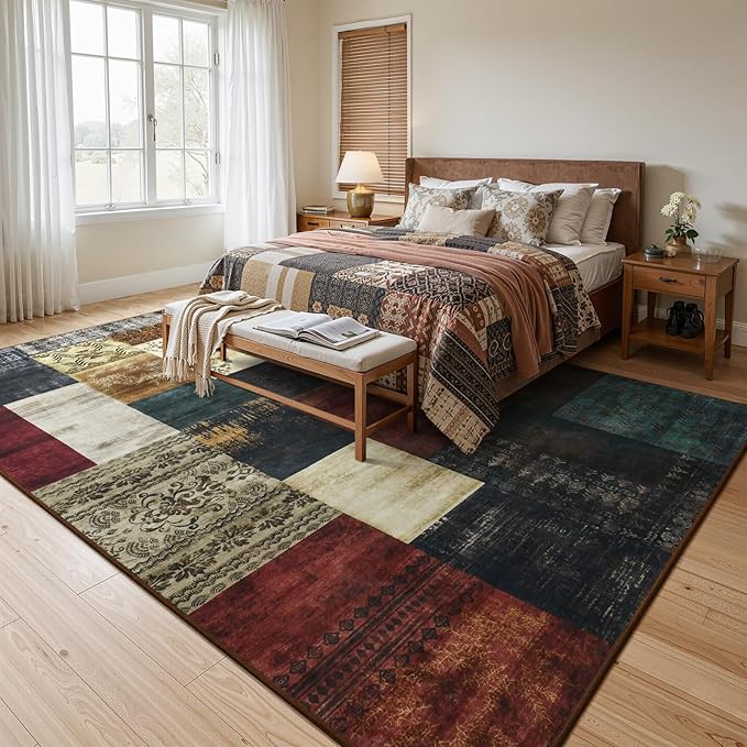 Washable Area Rugs 9x12 for Living Room, Large Modern Geometric Colorful Soft Patchwork Carpet, Non-Slip Stain Resistant Throw Rug for Bedroom Dining Room Office Home Decor