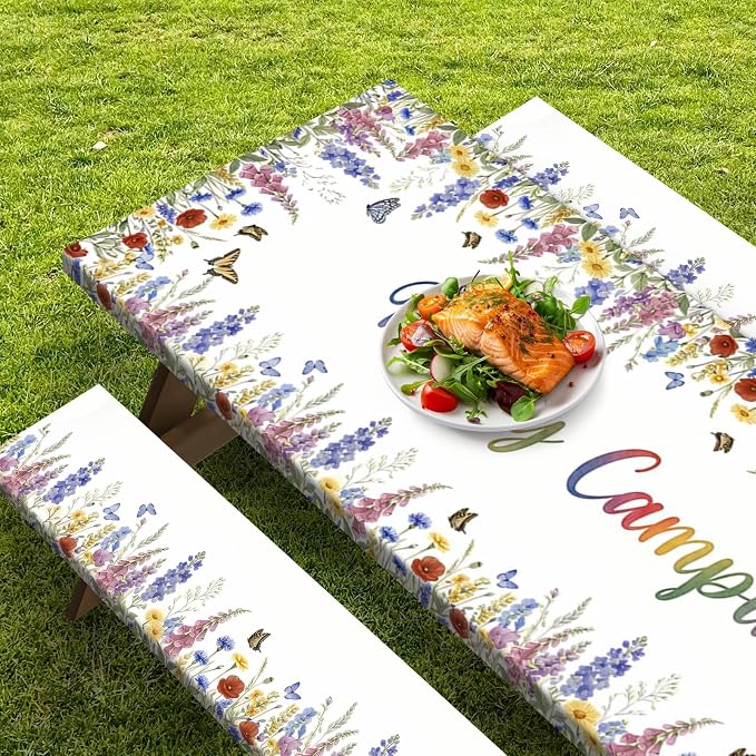 Picnic Table Cover with Bench Covers Elastic Edges, Butterfly Camper Fitted Table Cover, Outdoor Camping Essentials 72 Inch 3PCS, Waterproof Camping Fitted Tablecloth with Drawstring Bag