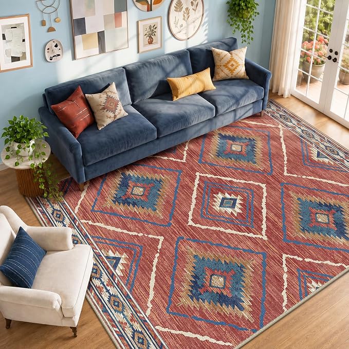 Area Rug 5x7 Rug Machine Washable Non-Slip Low Pile Print Pattern Western Rug for Living Room Bedroom Entryway Tribal Series -Red/Orange | Soft Western No Slip Low Pile Print Foldable Indoor for Kitchen Dining Room