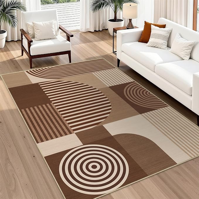 Area Rug 6x9 Living Room Brown Geometric Rug Machine Washable Minimalist Line Mid Century Modern Area Rugs Non Slip Low Pile Large Dining Room Indoor Floor Carpet for Bedroom Office,Brown