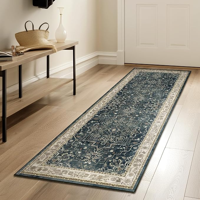 Farmhouse Entryway Rugs 2x6, Low Pile Kitchen Runners Washable Non Slip, Distressed Medallion Printed Carpet Runners for Hallway/Bathroom/Bedroom Bedside/Laundry Room, Midnight/Multi