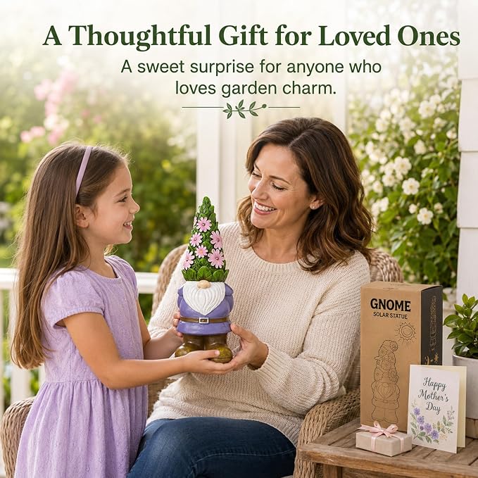 Solar Garden Gnome Statue: Outdoor Figurine with Succulent Lights | Waterproof Resin, Yard Lawn Porch Balcony Patio Home Decor, Gifts for Mom Women Grandma