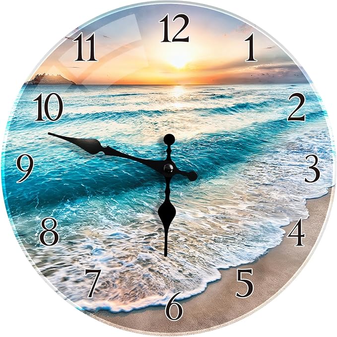 Britimes Round Wall Clock Silent Non-Ticking Battery Operated Outdoor Waterproof Glass Clock 12 Inch, Beach Sunset Summer Sea Home Decor for Living Room, Bathroom, Kitchen, Bedroom, and Office