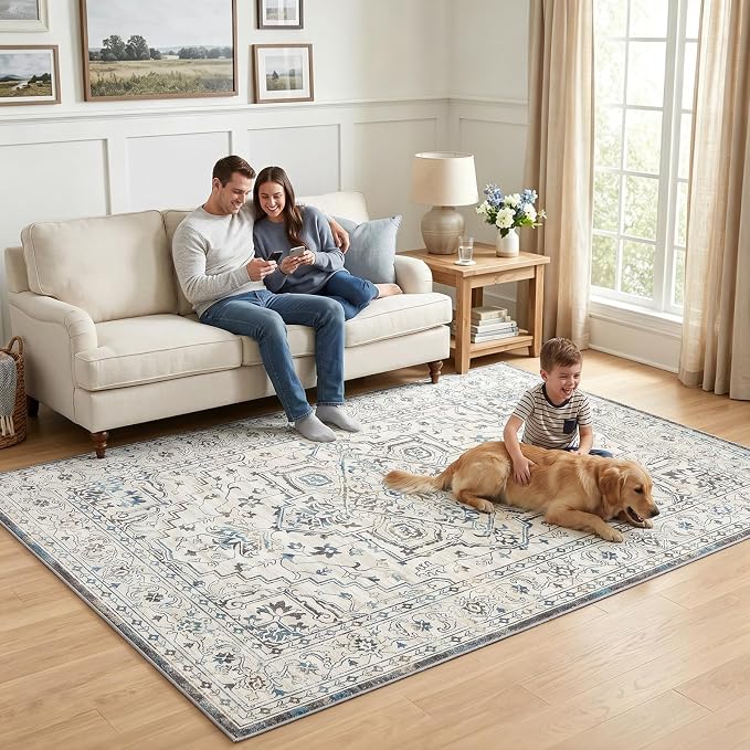 Vintage Washable Area Rug 6x9, Non-Slip Low-Pile Elegant Persian Carpet for Bedroom Living Room Dining Room, Stain Resistant Traditional Indoor Rug, Neutral Cream Blue